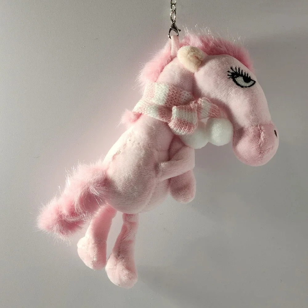 Pink Plush Horse Keychain with Scarf and Pom Poms Bag Charm 5.5 Inch